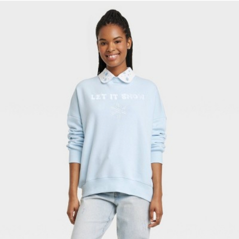 Women's Long Sleeve Collard Embroidered Winter Sweatshirt ~ Blue